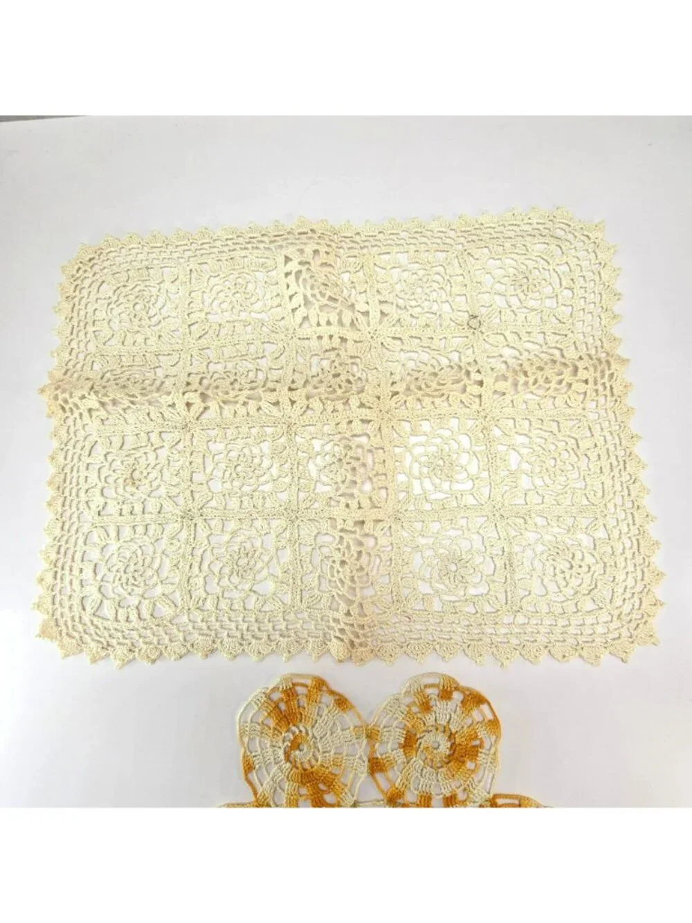 Handmade Vintage Crochet Lace Doily Set Rectangular & Floral Cream Orange CM2287